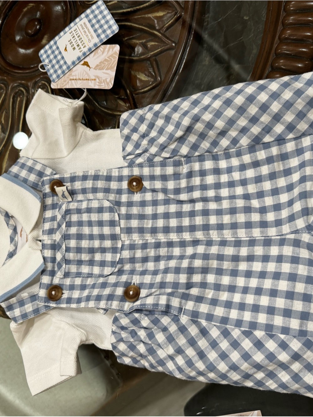 Tommy Bahama Blue & White Gingham Romper with Collar and shoes - Picture 2 of 3